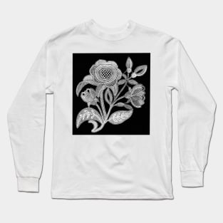 embroidery image with fabric and threads forming a stylized black and white flower branch Long Sleeve T-Shirt